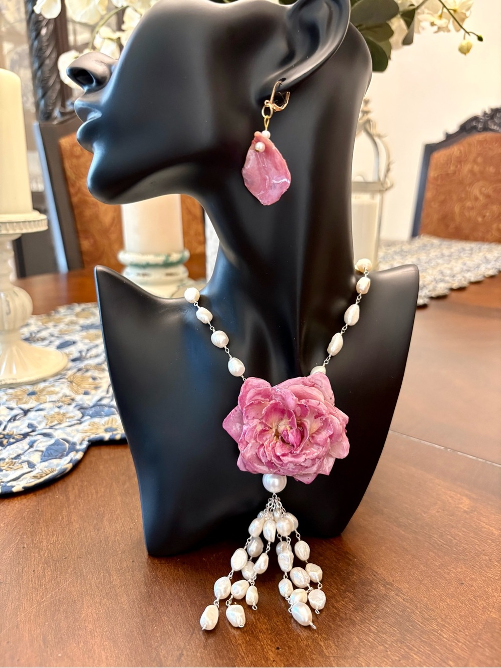Handcrafted Pink Flower Pearl Tassel Necklace and Earring Set
